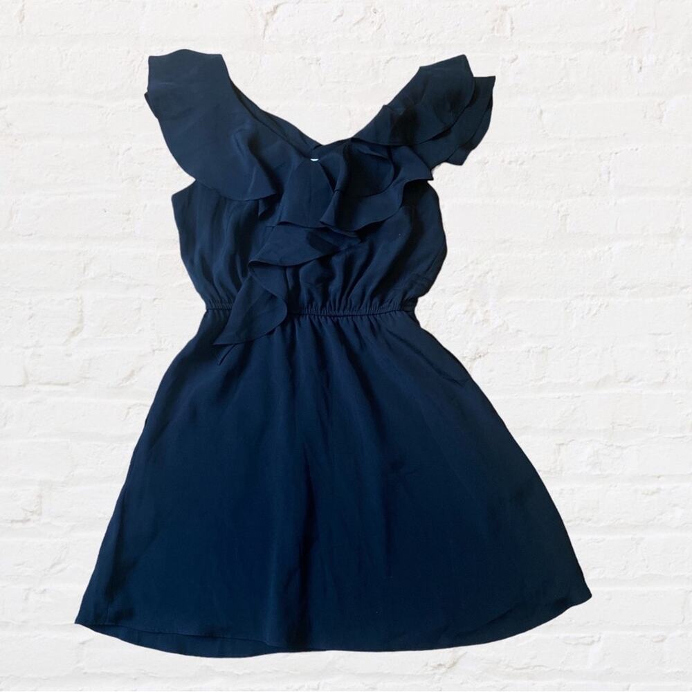 BCBGeneration black dress ruffle accent and cinched waist, size XS